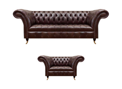 Luxuriöses Braunes Chesterfield Lederset Designer 3-Sitzer Sessel 2tlg