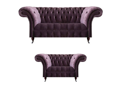 Komplette Lila Chesterfield Sitzgarnitur Textil Dreisitzer 2-Sitzer 2tlg