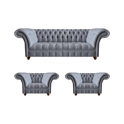 Chesterfield Hellgraue Sofagarnitur Edler Polster Dreisitzer 2x Sessel