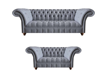 Hellgraue Chesterfield Polstercouchen Designer 3-Sitzer Zweisitzer 2tlg