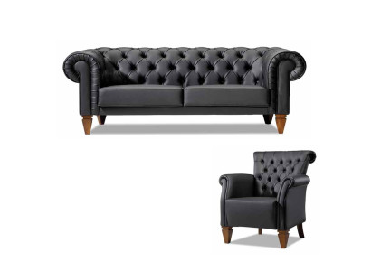 Schwarze Chesterfield Sitzgarnitur Ledersofa Moderner Einsitzer 2tlg Set