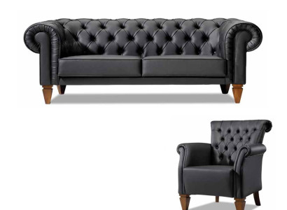Schwarze Chesterfield Sitzgarnitur Ledersofa Moderner Einsitzer 2tlg Set