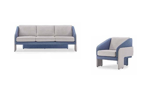 Grau-Blaue Wohnzimmer Designer Sitzmöbel 3-Sitzer Lehnsessel 2tlg Set