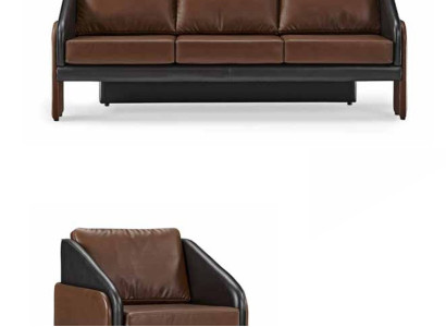 Braun-Schwarze Leder Sitzgarnitur Stilvoller Dreisitzer Lehnsessel 2tlg