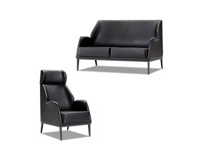 Schwarze Ledergarnitur Moderner Zweisitzer Polster Lehnsessel Möbel 2tlg
