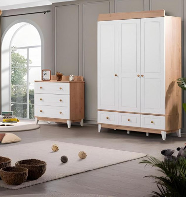 Luxus Kinderzimmer Set Garnitur  Kleiderschrank Weiß Modern Holz Kommode