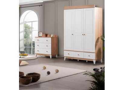 Luxus Kinderzimmer Set Garnitur  Kleiderschrank Weiß Modern Holz Kommode