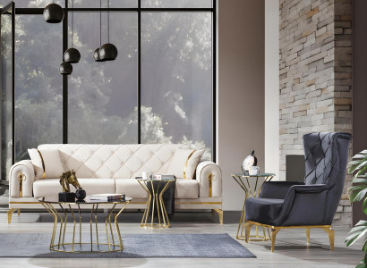 Exklusive Chesterfield Couchgarnitur Weißer Dreisitzer Grauer Sessel