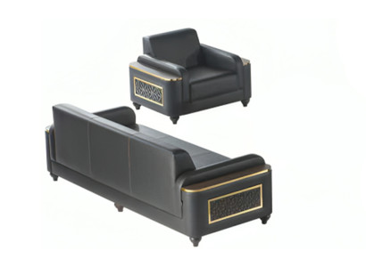 Arbeitszimmer 3-Sitzer Sofa mit Sessel Schwarz Einfarbig Stil Wohznimmer