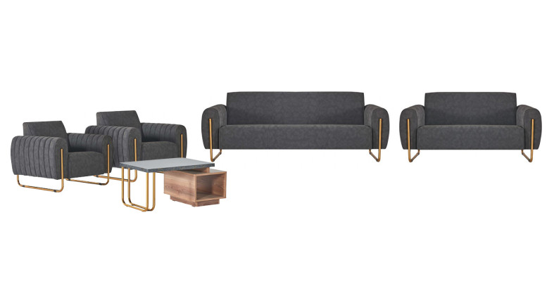 Luxuriöse Graue Polstergarnitur Designer Sofas Edler Holz Couchtisch