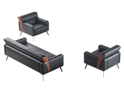 Arbeitszimmer Set 3tlg 3-Sitzer 2x Sessel Schwarz Einfarbig Modern Stil