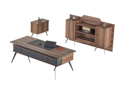 Arbeitszimmer-Set 3tlg Bürotisch Sideboard Kommode Braun Grau Zweifarbig
