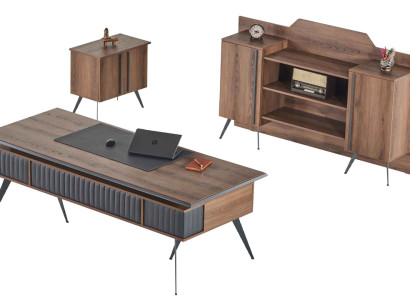 Arbeitszimmer-Set 3tlg Bürotisch Sideboard Kommode Braun Grau Zweifarbig