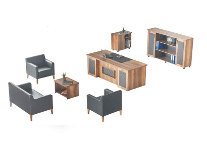 Schwarz-Braune Arbeitszimmer Garnitur Schreibtisch Sideboard Sofa Sessel