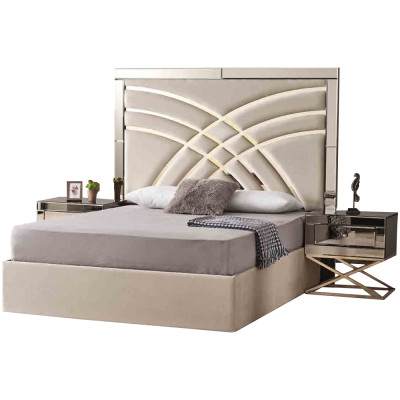 Beige Schlafzimmer Möbel Textilbett Luxuriöse Holz 2x Nachttische 3tlg