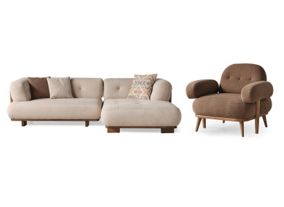 Schicke Beige-Braune Sofagarnitur Stilvolles Ecksofa Textilsessel 2tlg