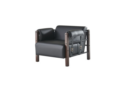 Lehnsessel Schwarz Modern Sessel Holz Leder Weiche Armlehnen 1-Sitzer