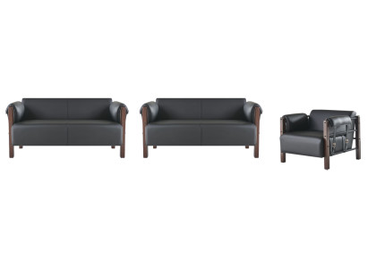 Sofa-Set Sofagarnituren Sofas Leder 2-Sitzer Sessel Schwarz Modern Holz