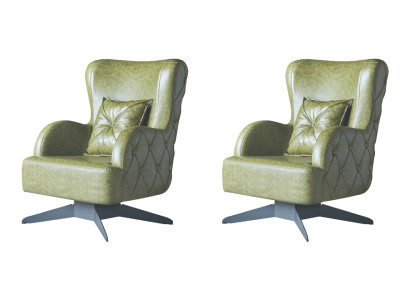 Chesterfield Set Sessel Grün Polster Klassisch Edelstahlfüße Leder Kissen