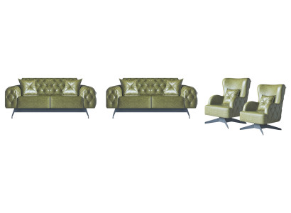 Sofa-Set Kissen Polster 2-Sitzer Leder Sessel Grün Sitzmöbel Chesterfield