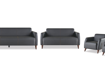 Komplett-Set Sitzmöbel 3-Sitzer 2-Sitzer Sessel Schwarz Moder Leder Holz