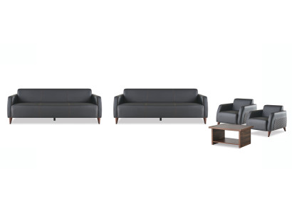 Komplett-Set Ledersofa Schwarz 3-Sitzer Sessel Couchtisch Holz Leder 4tlg.