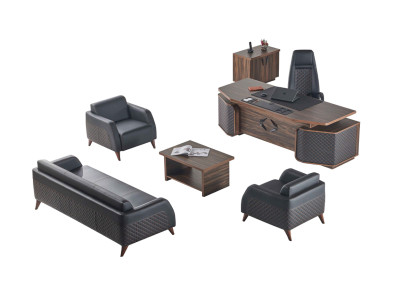 Modern Komplett  Arbeitszimmer-Set Schreibtisch Sofas Braun Schwarz Leder