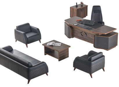Modern Komplett  Arbeitszimmer-Set Schreibtisch Sofas Braun Schwarz Leder