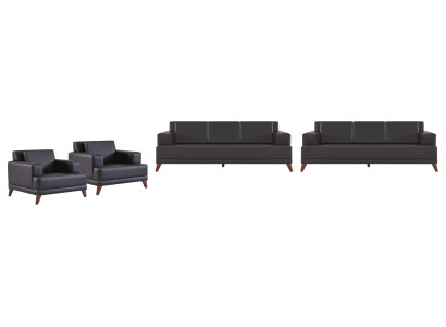 Ledersofas Komplett-Set 3-Sitzer Sessel Schwarz Polster Kissen Modern