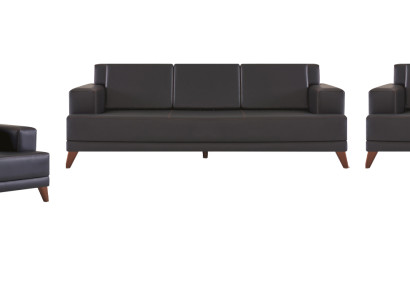 Ledersofas Komplett-Set 3-Sitzer Sessel Schwarz Polster Kissen Modern