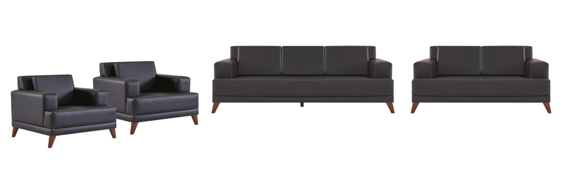 Ledersofas Set 3-Sitzer 2-Sitzer 2x Sessel Schwarz Polster Kissen Holz