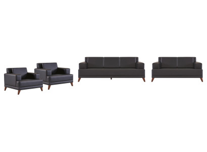 Ledersofas Set 3-Sitzer 2-Sitzer 2x Sessel Schwarz Polster Kissen Holz