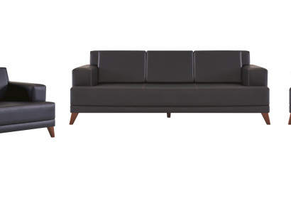 Ledersofas Set 3-Sitzer 2-Sitzer 2x Sessel Schwarz Polster Kissen Holz