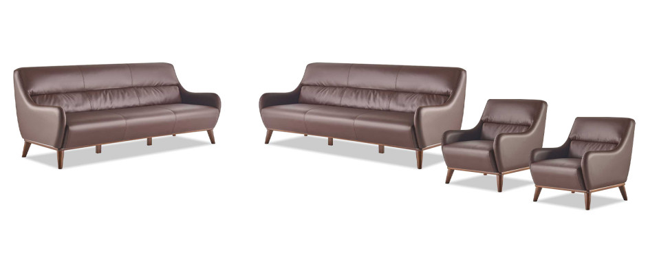 Ledersofas Komplett 3-Sitzer 2x Sessel Klassisch Braun Leder Holz Couch