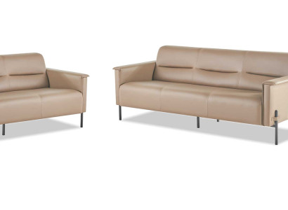 Ledersofas Beige Edelstahl Set 3-Sitzer Sessel Modern Leder Holz Couch