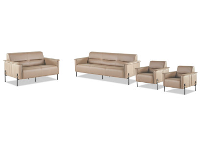 Komplett Modern Sofa-Set 3-Sitzer 2-Sitzer Sessel Beige Ledersofa Holz