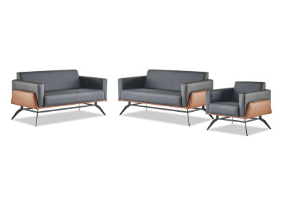 Ledersofas Set Komplett Leder Holz Schwarz Braun 2-Sitzer Sessel Modern