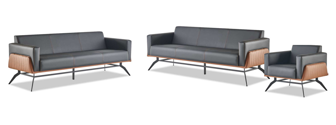 Sofa-Set Sitzmöbel Schwarz Braun 3-Sitzer Sessel Ledersofas Edelstahl Holz