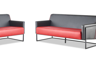 Lederosofas Schwarz Rot Zweifarbig Leder Set 3-Sitzer Sessel Modern