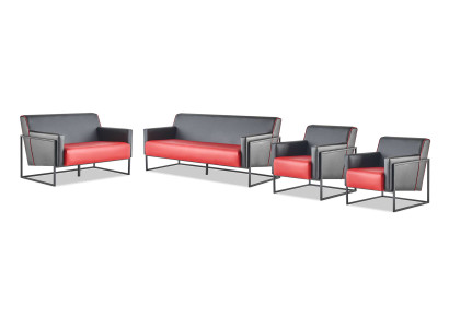 Komplett-Set 3-Sitzer Sessel Schwarz Rot Sofa-Set Leder Edelstahl Holz