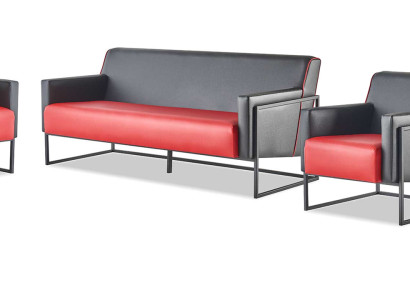 Komplett-Set 3-Sitzer Sessel Schwarz Rot Sofa-Set Leder Edelstahl Holz