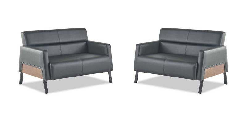 Ledersofas-Set 2-Sitzer Schwarz Couch Modern Leder Edelstahl Holz Weich