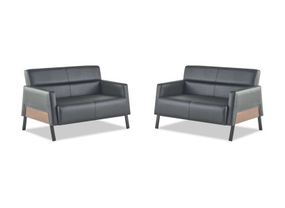 Ledersofas-Set 2-Sitzer Schwarz Couch Modern Leder Edelstahl Holz Weich