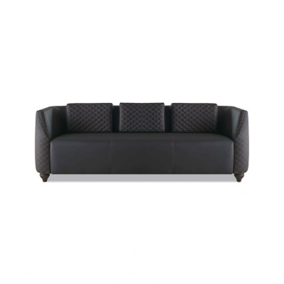 Ledersofa 3-Sitzer Schwarz Holz Modern Design Kissen Polster Leder Couch