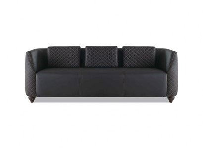 Ledersofa 3-Sitzer Schwarz Holz Modern Design Kissen Polster Leder Couch