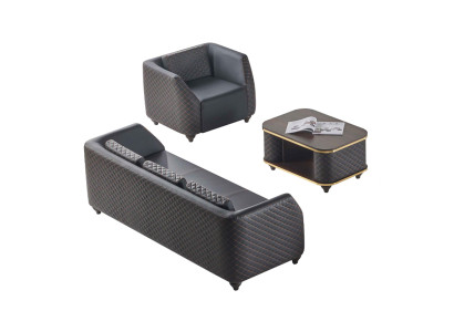 Sofa-Set 3-Sitzer Sessel Couchtisch Schwarz Braun Leder Polster Holz