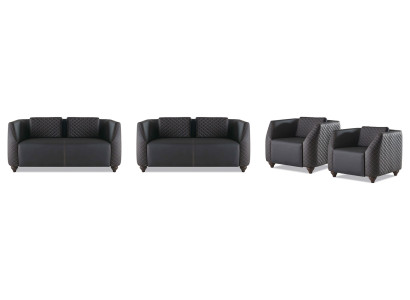 Sofa-Set Ledersofas 2-Sitzer 2x Sessel Schwarz Sitzmöbel Modern Lehnsessel
