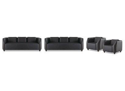Komplett Set 3-Sitzer 2x Sessel Schwarz Polster Modern Leder Sofa-Set