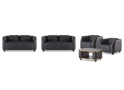 Sofa-Set 2-Sitzer Sessel Couchtisch Schwarz Braun Polster Leder Kissen