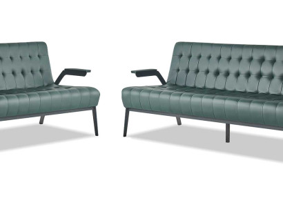 Chesterfield Leder Set 3-Sitzer 2-Sitzer Grün Ledersofas Modern Holz